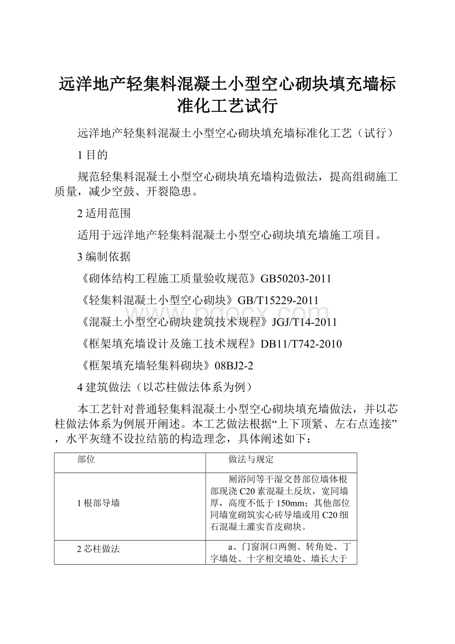 远洋地产轻集料混凝土小型空心砌块填充墙标准化工艺试行.docx_第1页