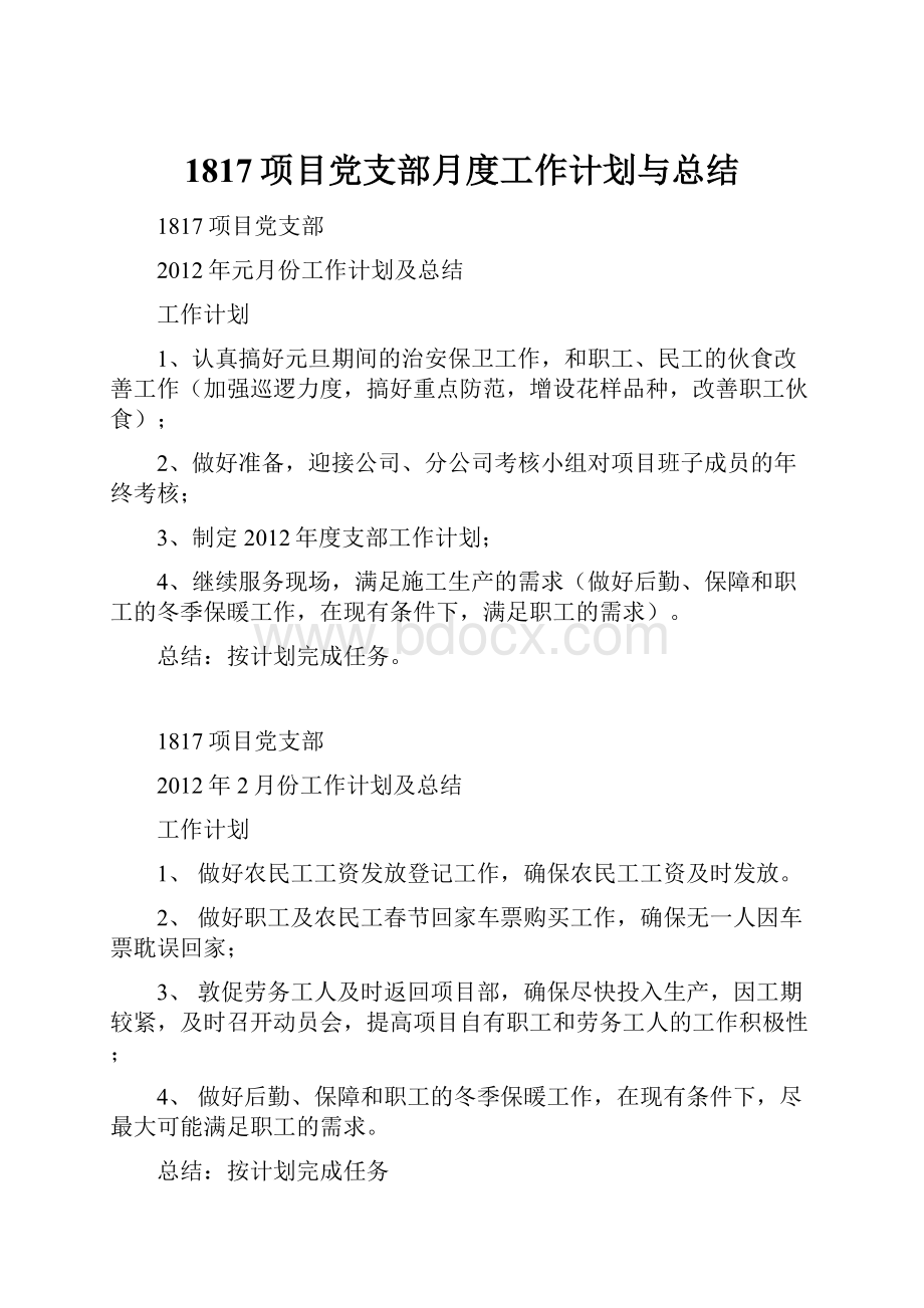 1817项目党支部月度工作计划与总结.docx