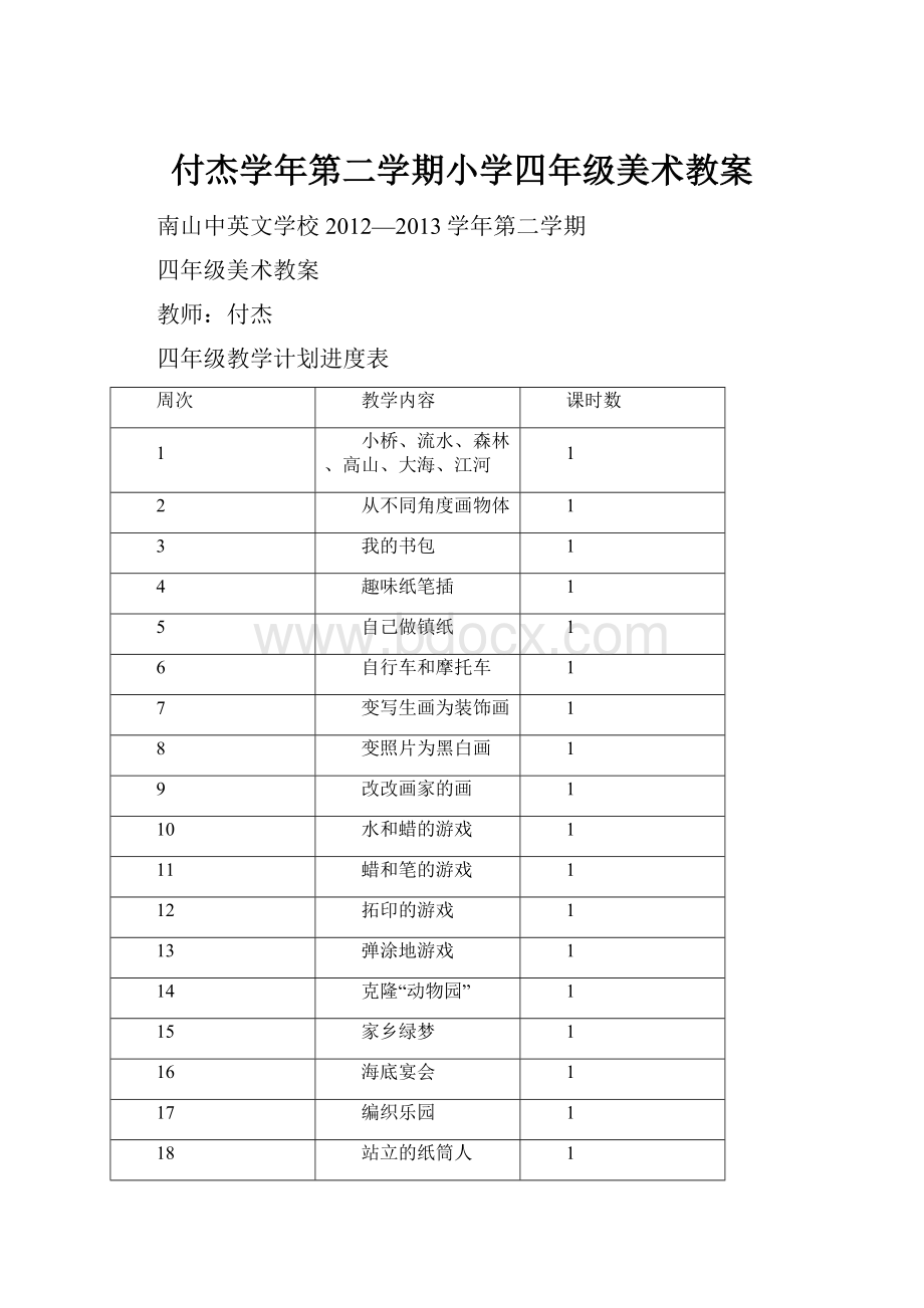 付杰学年第二学期小学四年级美术教案.docx