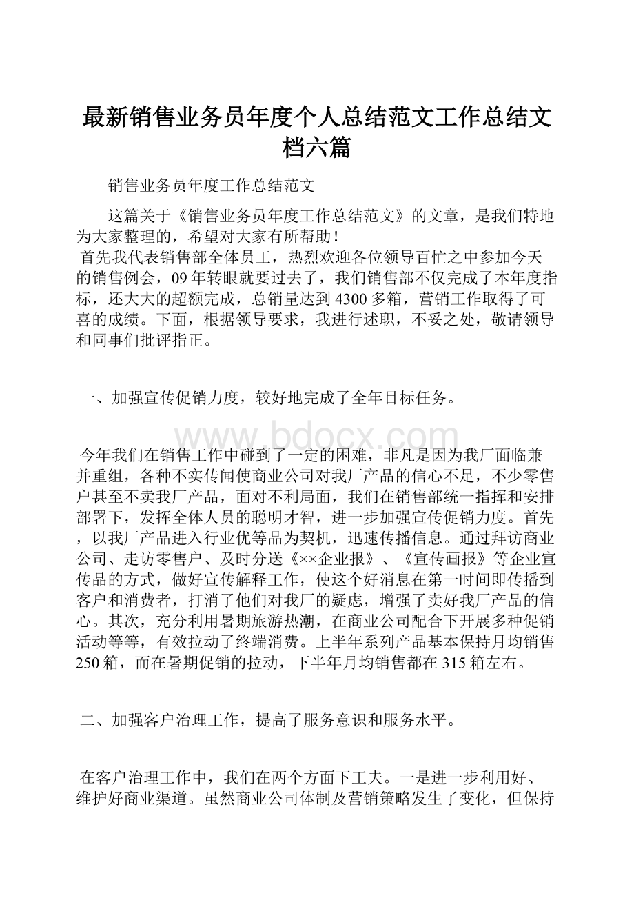 最新销售业务员年度个人总结范文工作总结文档六篇.docx