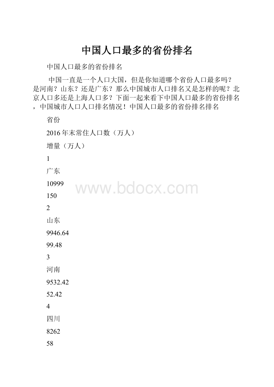 中国人口最多的省份排名.docx_第1页