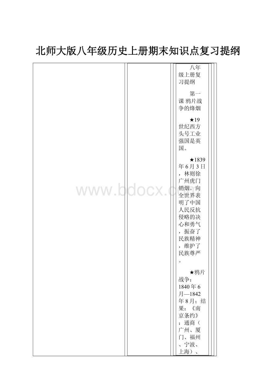 北师大版八年级历史上册期末知识点复习提纲.docx