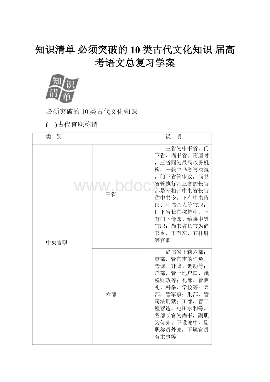 知识清单 必须突破的10类古代文化知识 届高考语文总复习学案.docx_第1页