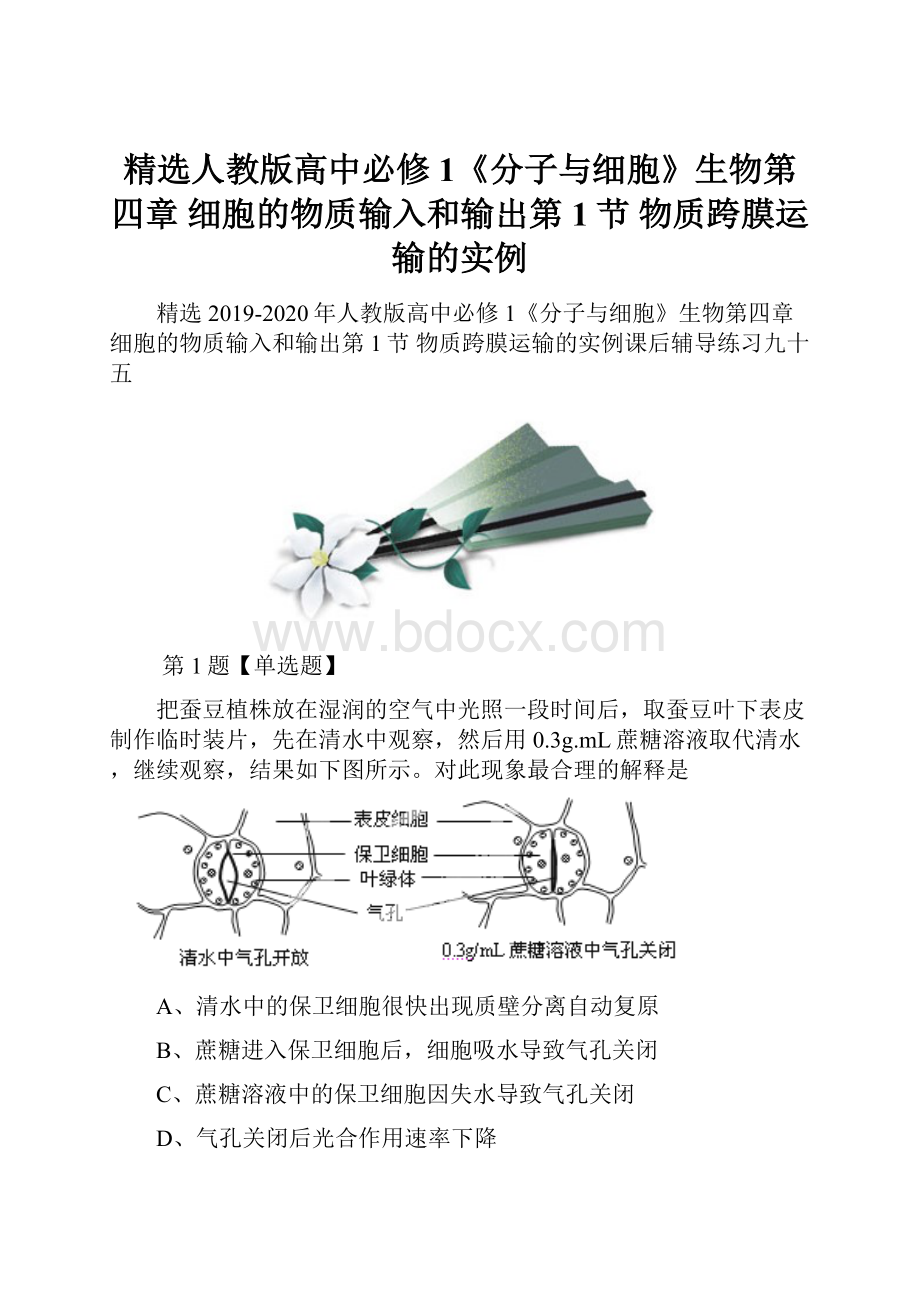 精选人教版高中必修1《分子与细胞》生物第四章 细胞的物质输入和输出第1节 物质跨膜运输的实例.docx_第1页