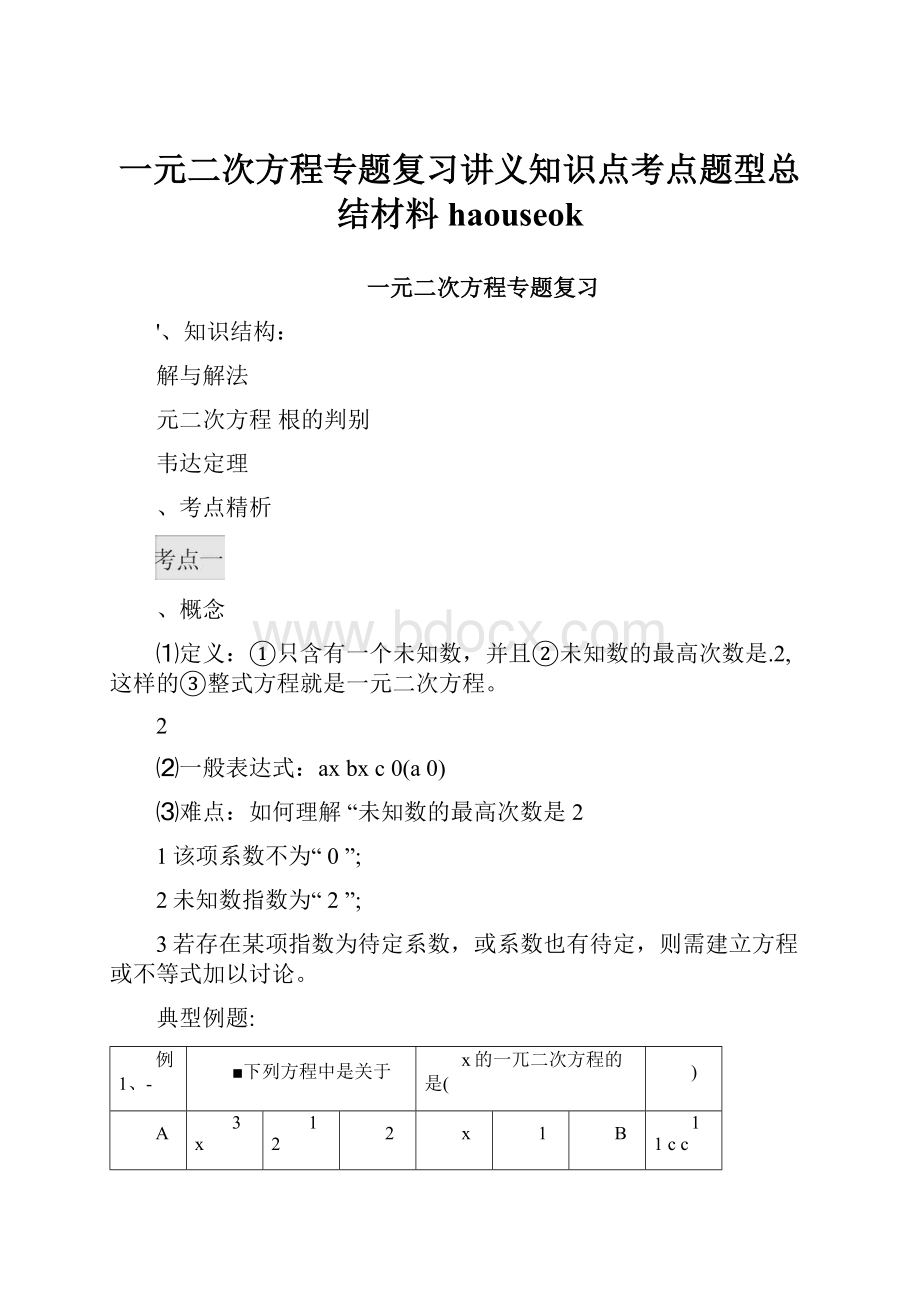 一元二次方程专题复习讲义知识点考点题型总结材料haouseok.docx