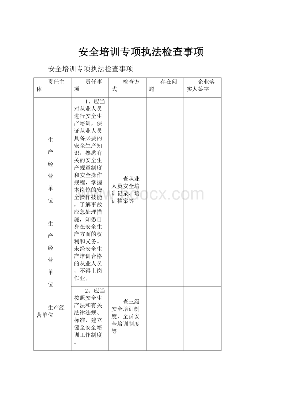 安全培训专项执法检查事项.docx