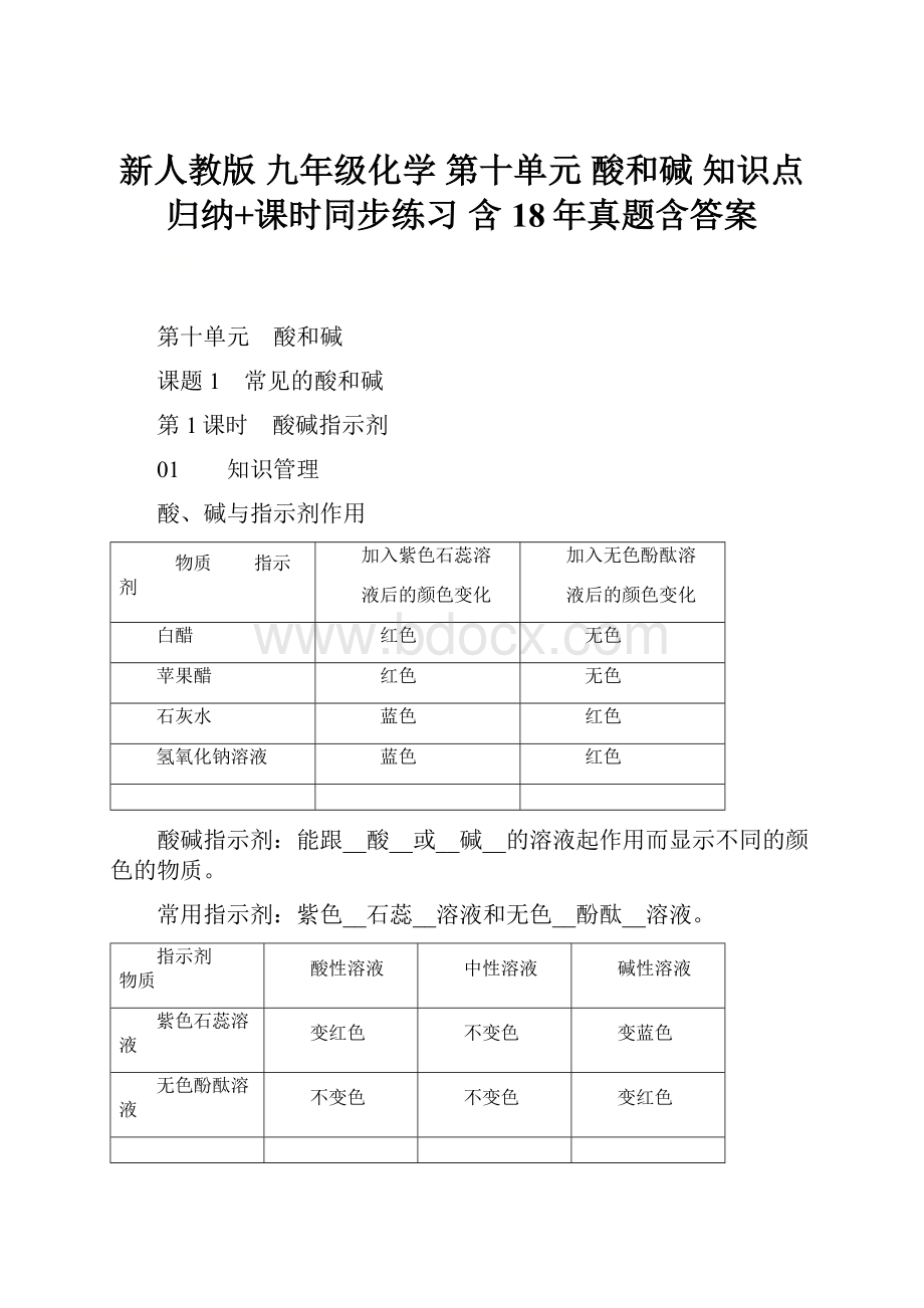 新人教版 九年级化学 第十单元 酸和碱 知识点归纳+课时同步练习 含18年真题含答案.docx_第1页