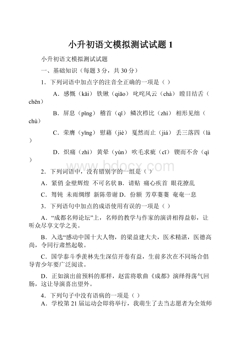 小升初语文模拟测试试题1.docx