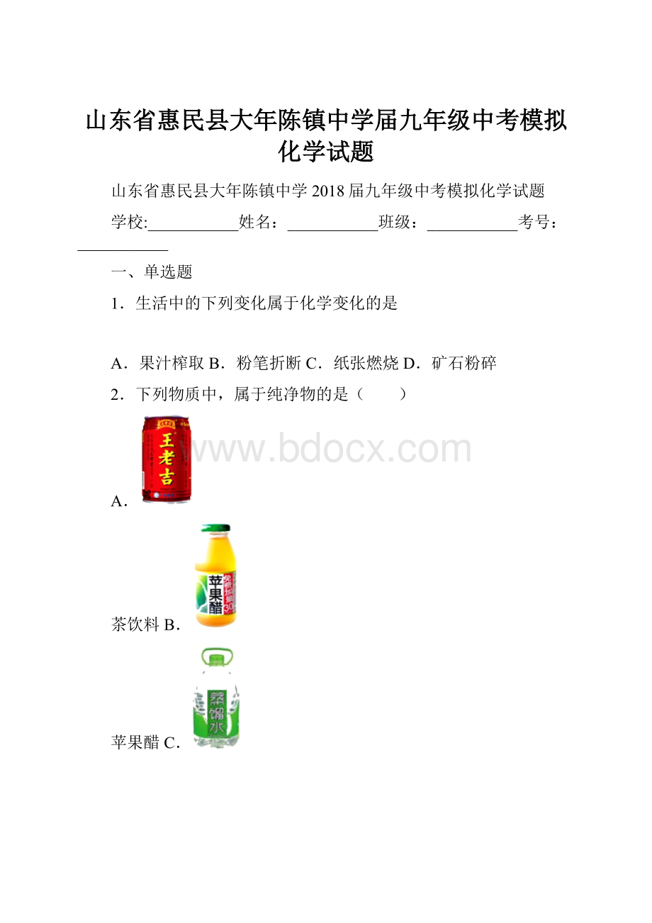 山东省惠民县大年陈镇中学届九年级中考模拟化学试题.docx