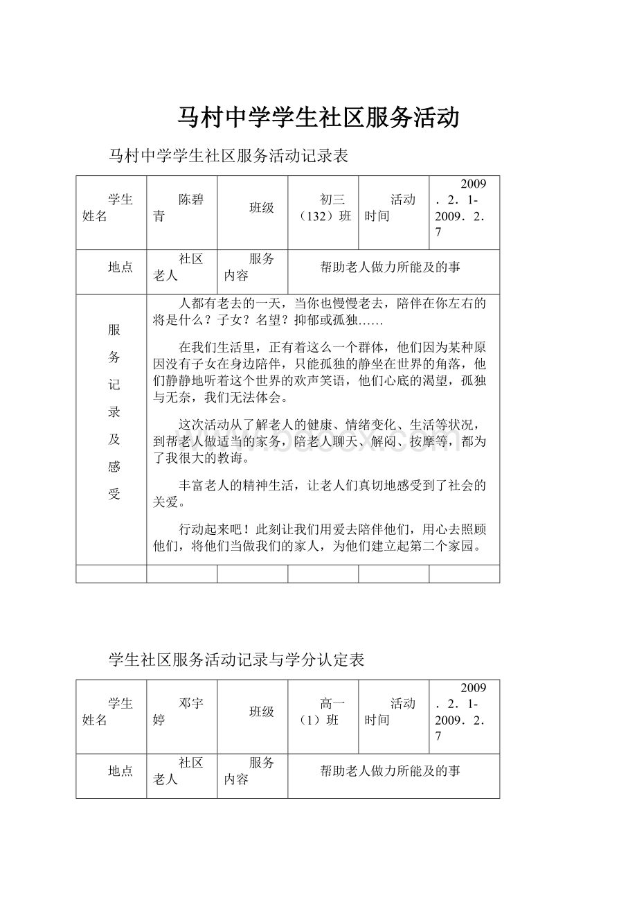 马村中学学生社区服务活动.docx