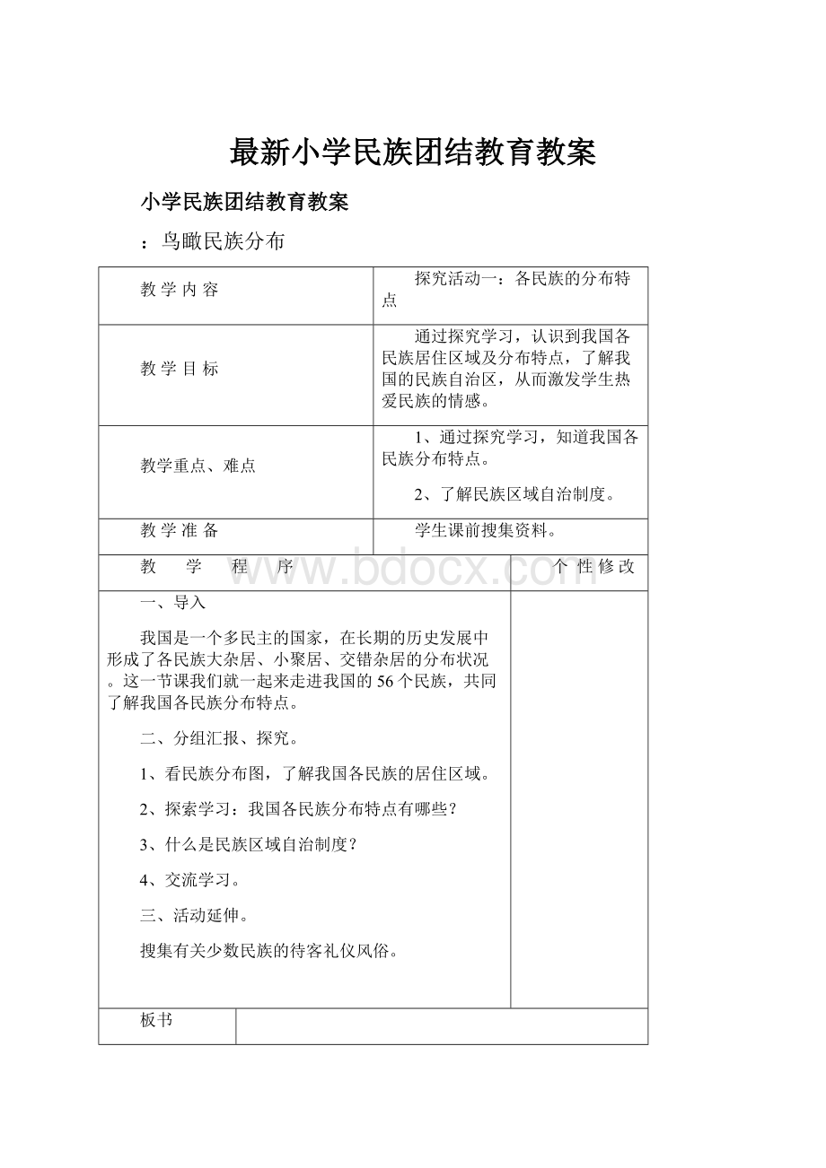 最新小学民族团结教育教案.docx