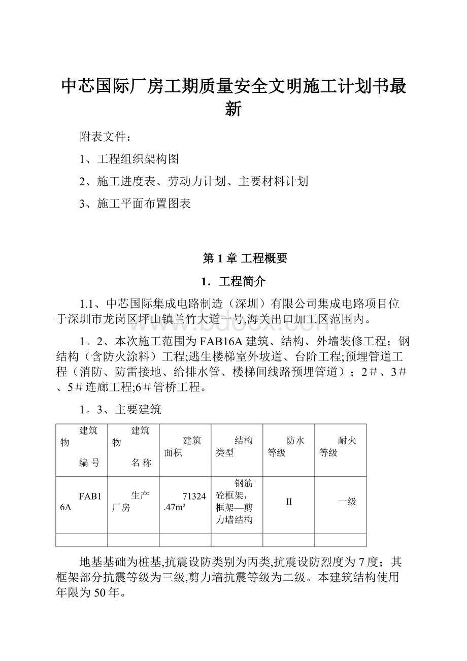 中芯国际厂房工期质量安全文明施工计划书最新.docx