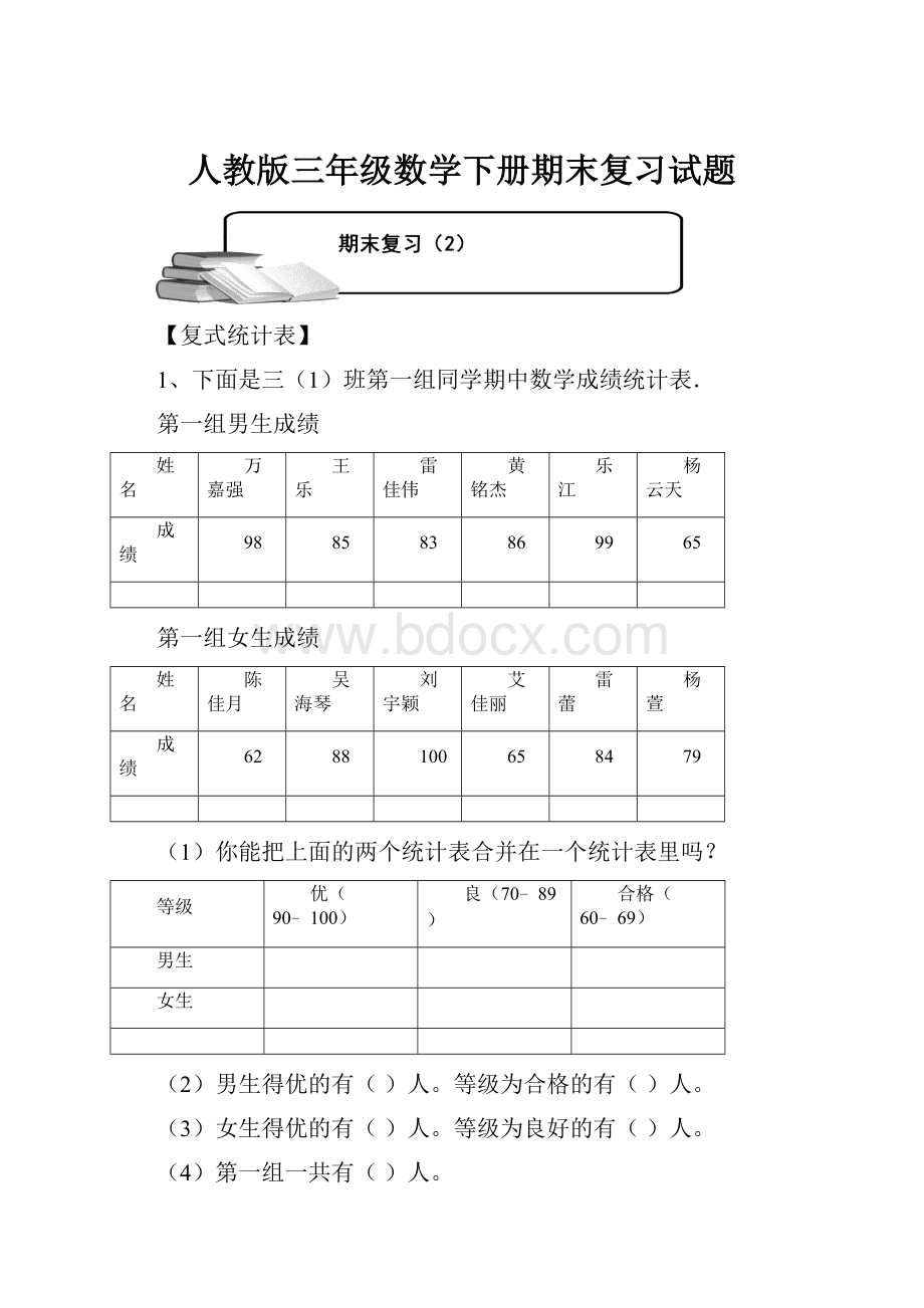 人教版三年级数学下册期末复习试题.docx_第1页