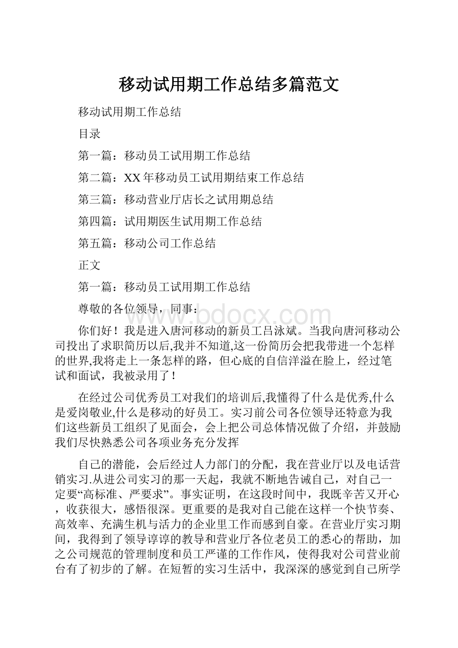 移动试用期工作总结多篇范文.docx