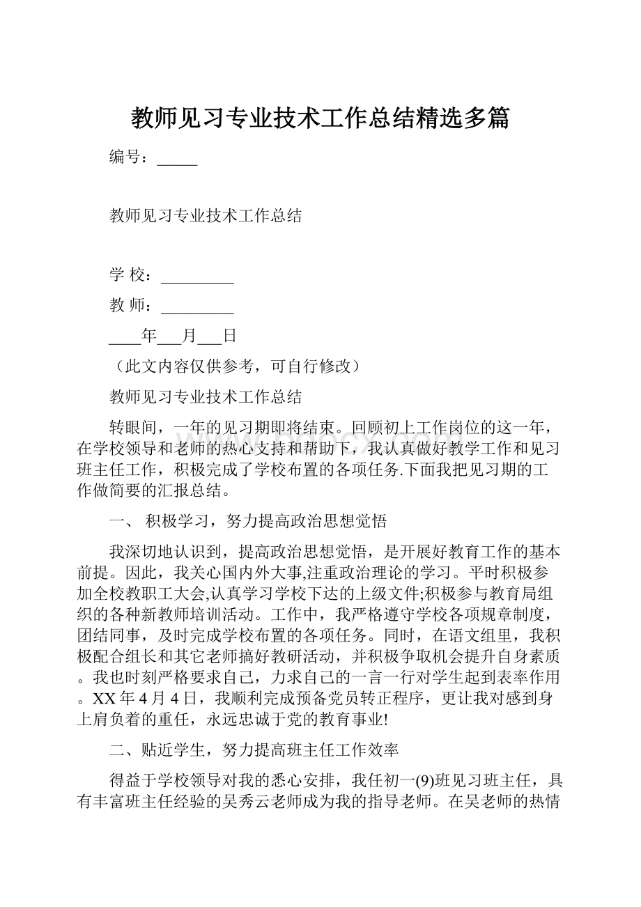 教师见习专业技术工作总结精选多篇.docx