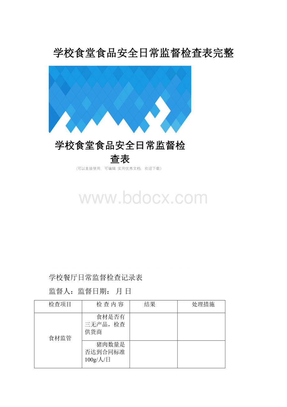 学校食堂食品安全日常监督检查表完整.docx_第1页