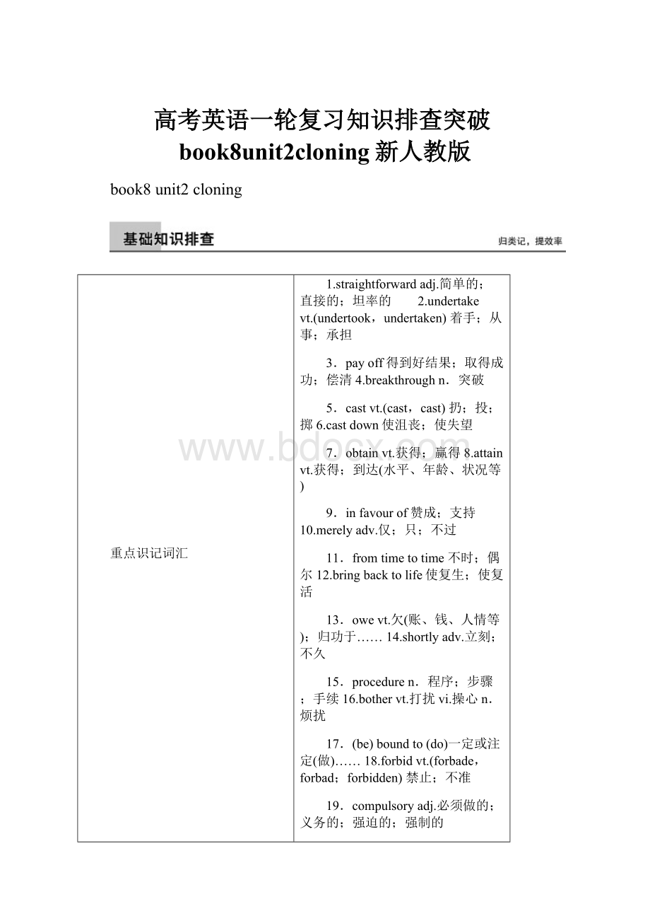 高考英语一轮复习知识排查突破book8unit2cloning新人教版.docx