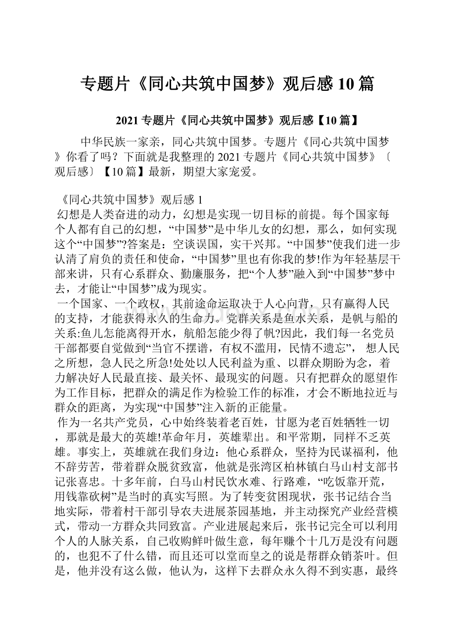 专题片《同心共筑中国梦》观后感10篇.docx