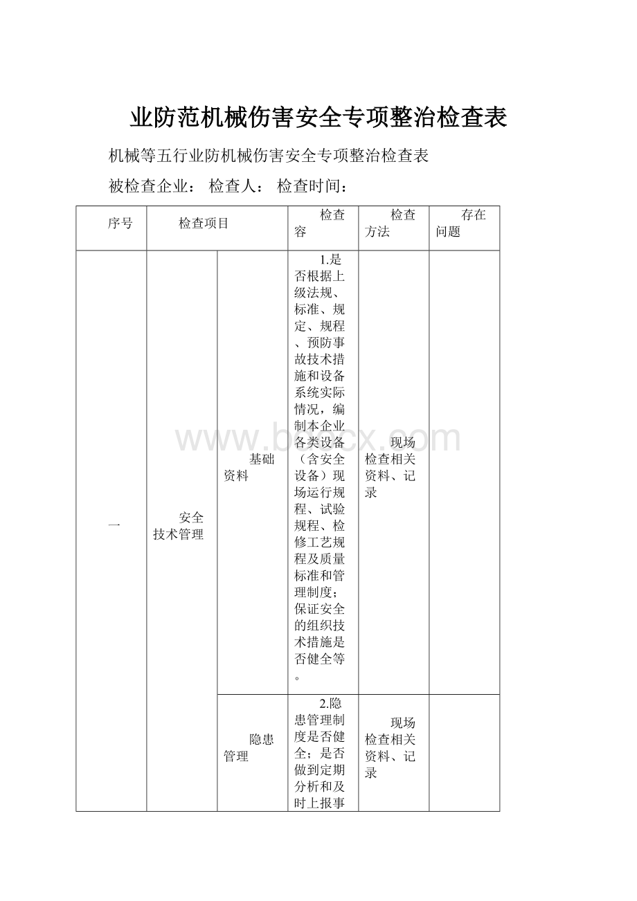 业防范机械伤害安全专项整治检查表.docx_第1页