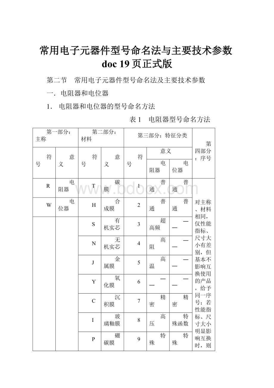 常用电子元器件型号命名法与主要技术参数doc 19页正式版.docx