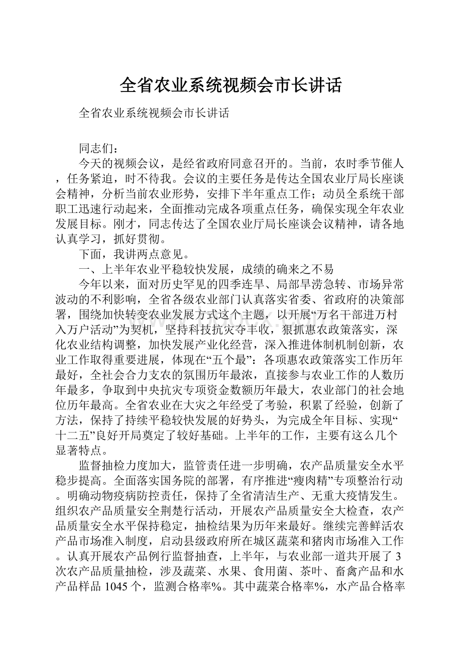 全省农业系统视频会市长讲话.docx