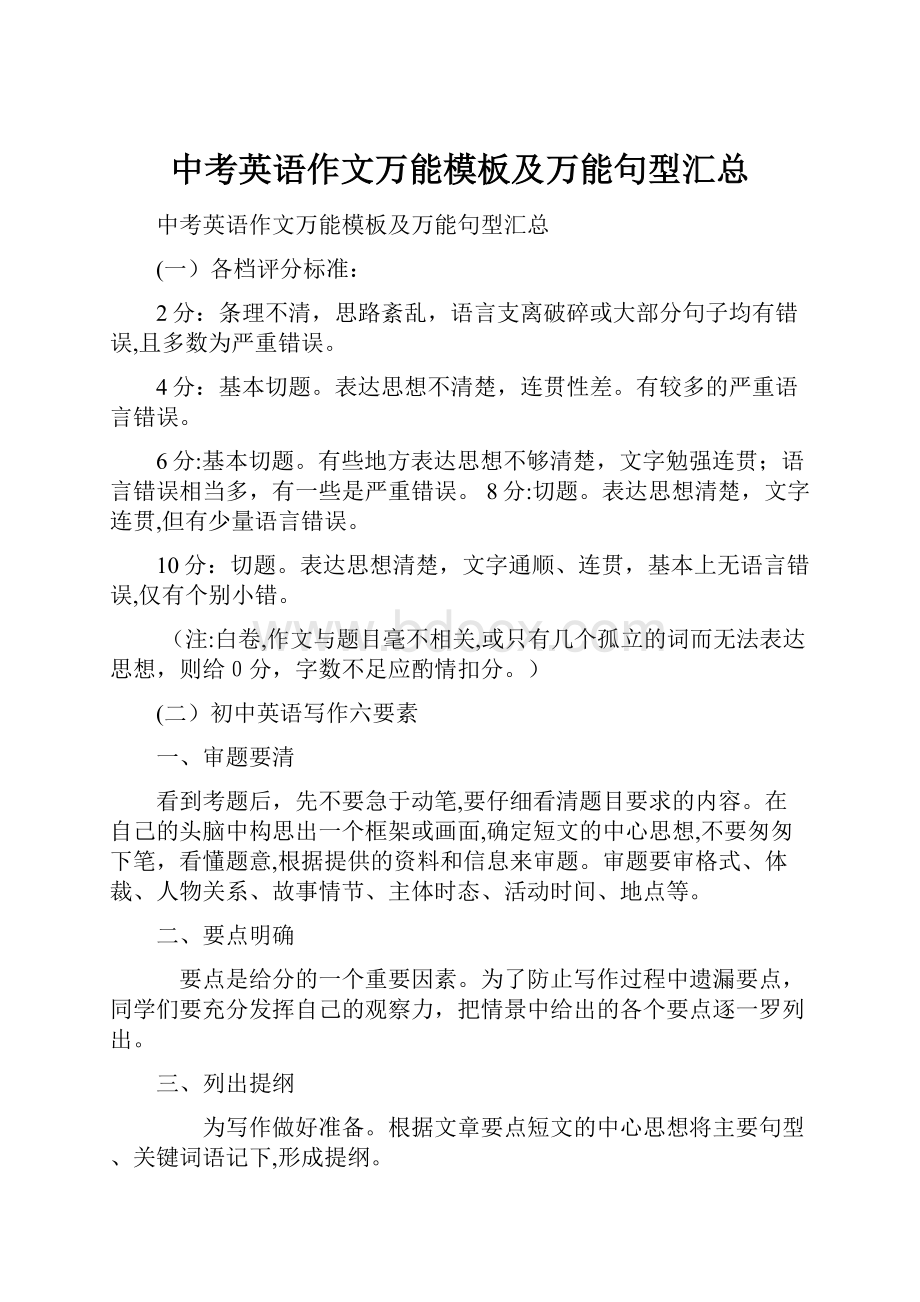 中考英语作文万能模板及万能句型汇总.docx_第1页