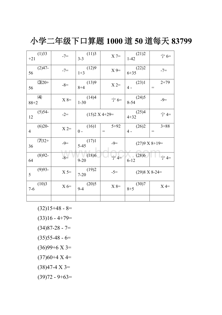 小学二年级下口算题1000道50道每天83799.docx_第1页