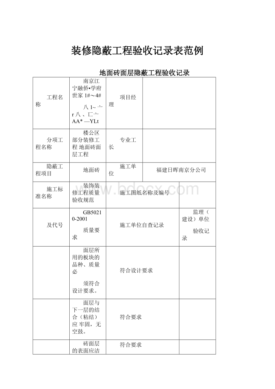 装修隐蔽工程验收记录表范例.docx