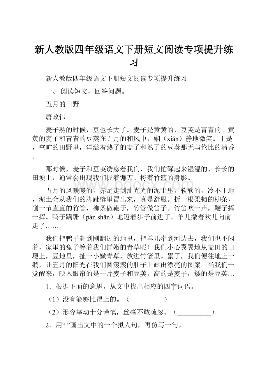 新人教版四年级语文下册短文阅读专项提升练习.docx