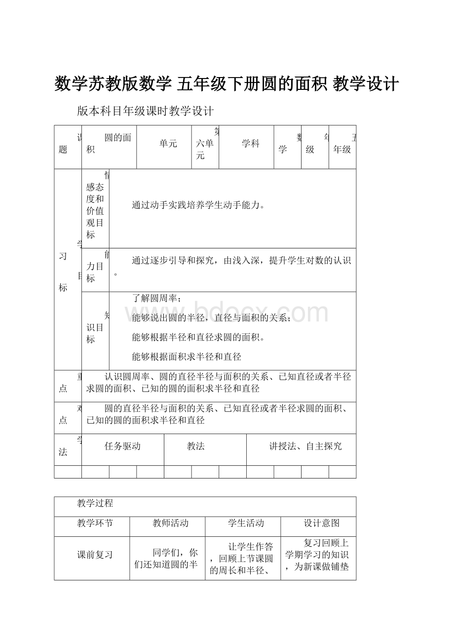 数学苏教版数学 五年级下册圆的面积 教学设计.docx_第1页