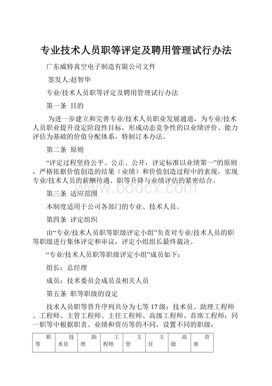 专业技术人员职等评定及聘用管理试行办法.docx