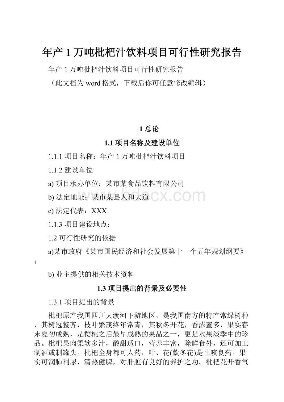 年产1万吨枇杷汁饮料项目可行性研究报告.docx