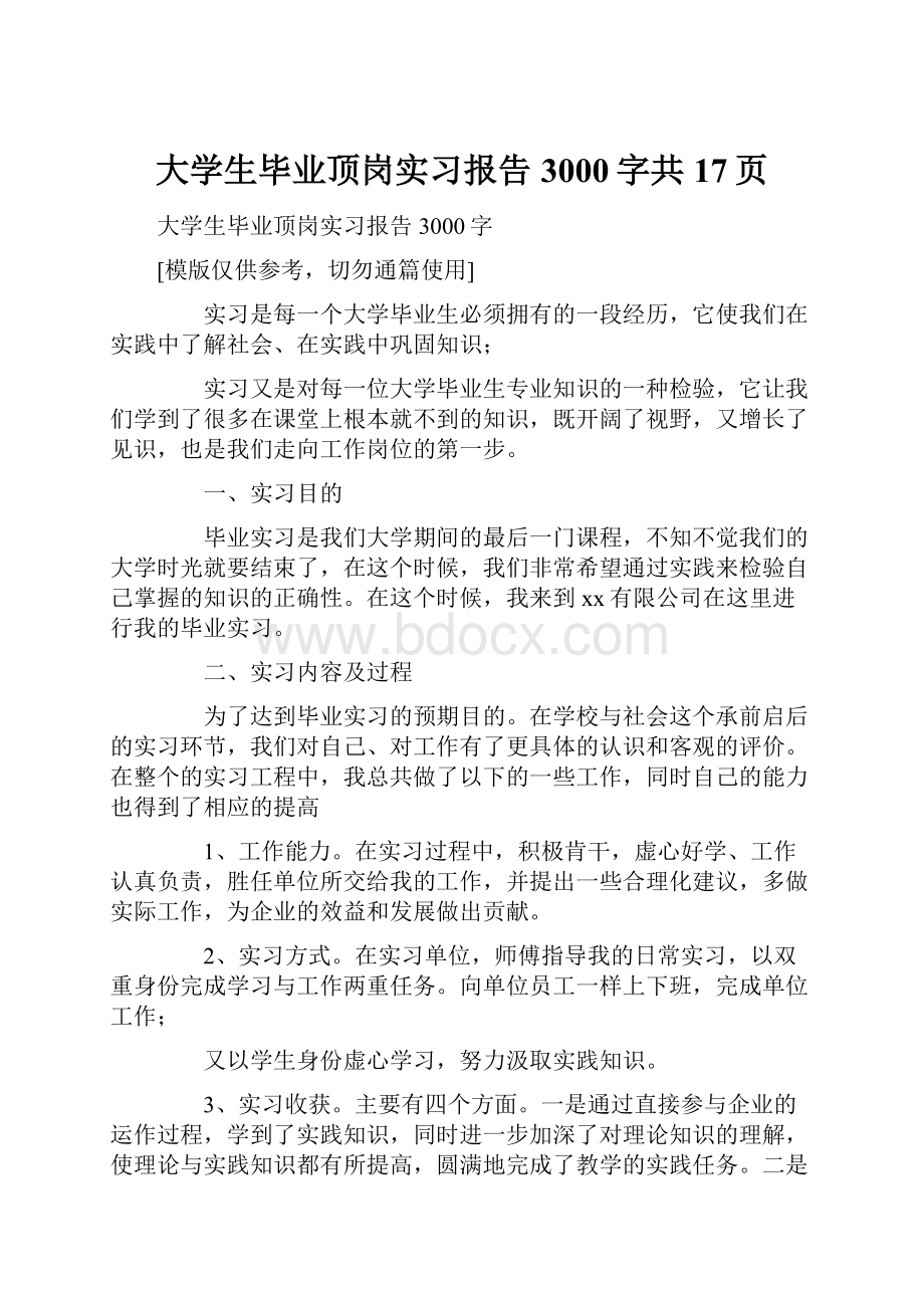 大学生毕业顶岗实习报告3000字共17页.docx