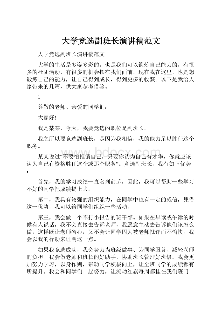 大学竞选副班长演讲稿范文.docx