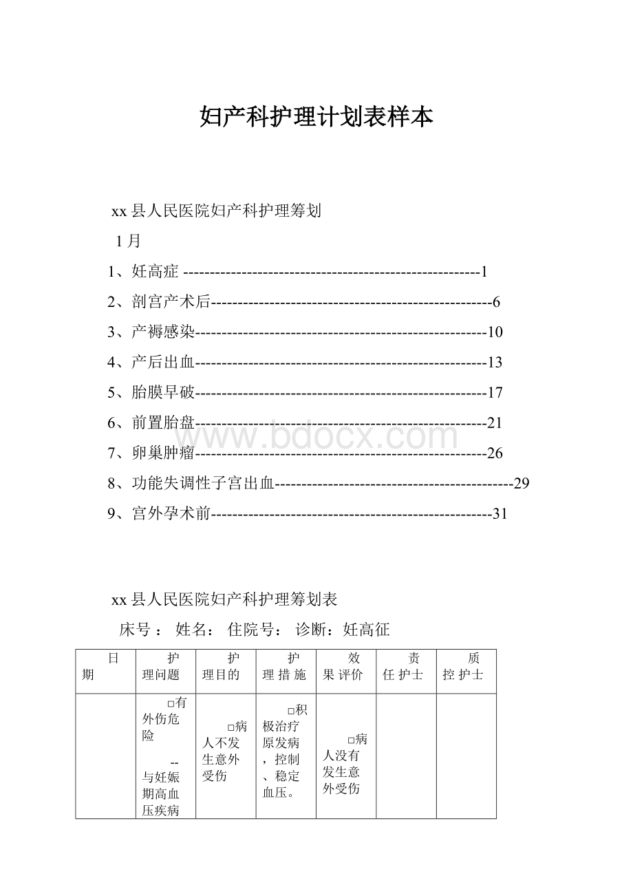 妇产科护理计划表样本.docx