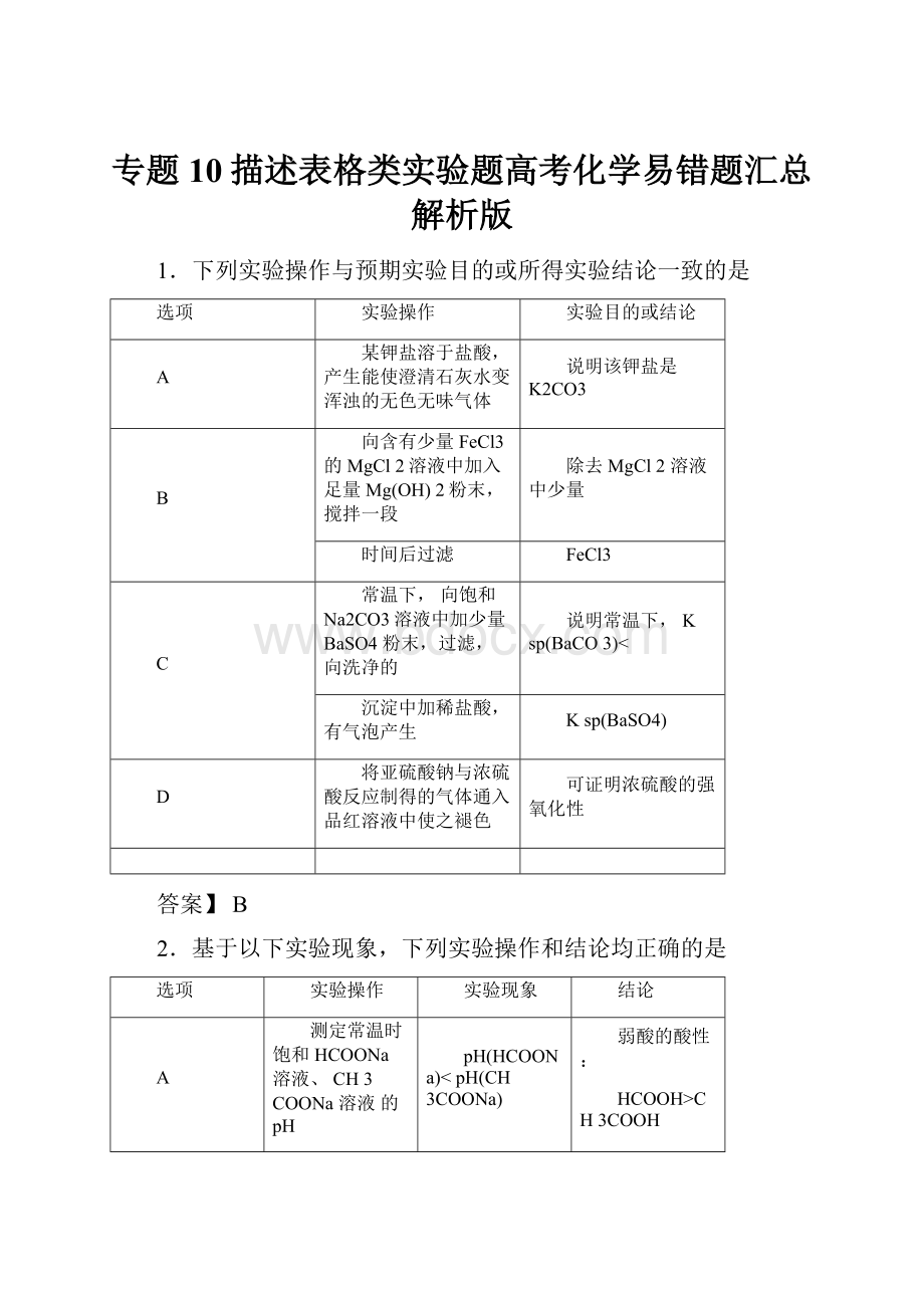 专题10描述表格类实验题高考化学易错题汇总解析版.docx