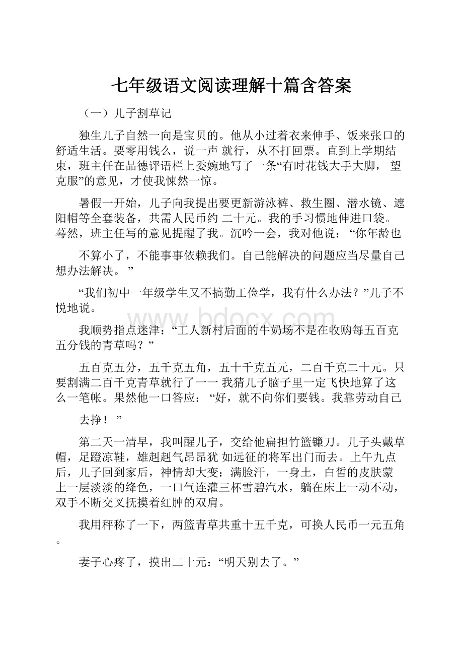 七年级语文阅读理解十篇含答案.docx