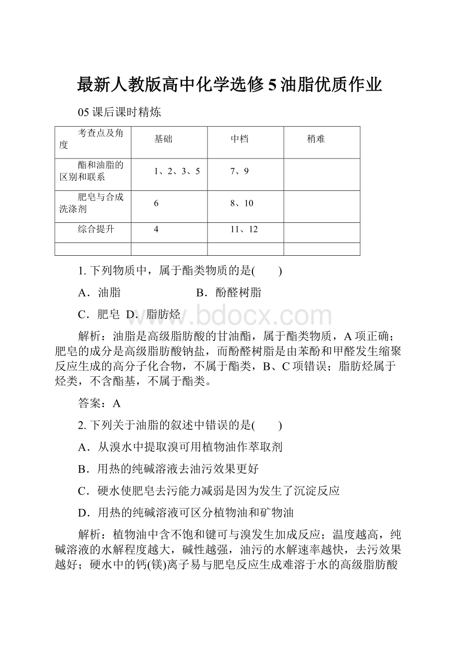 最新人教版高中化学选修5油脂优质作业.docx