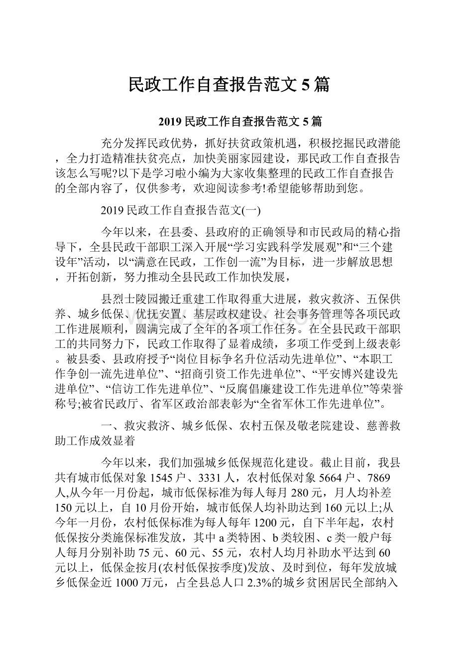 民政工作自查报告范文5篇.docx