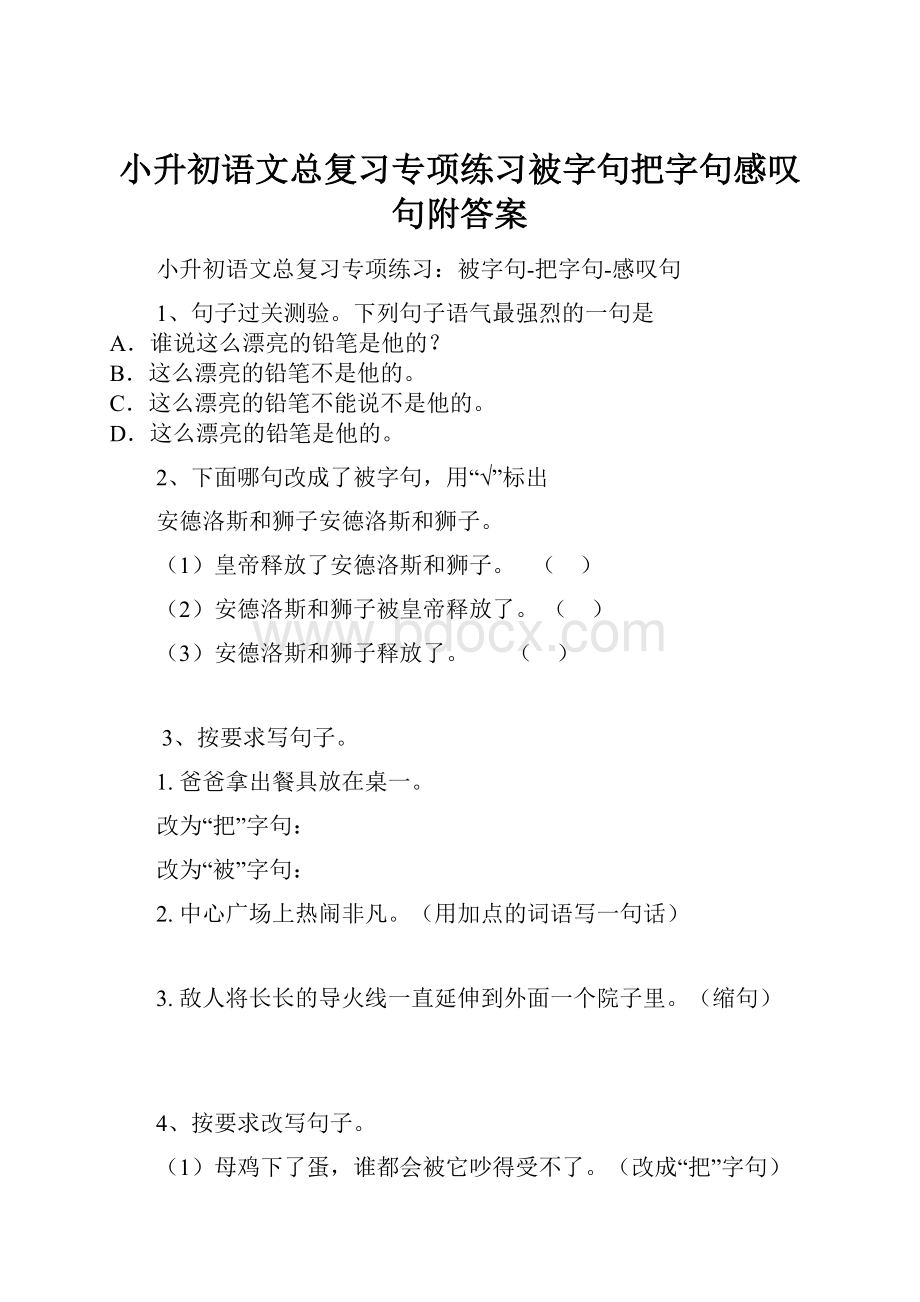 小升初语文总复习专项练习被字句把字句感叹句附答案.docx_第1页