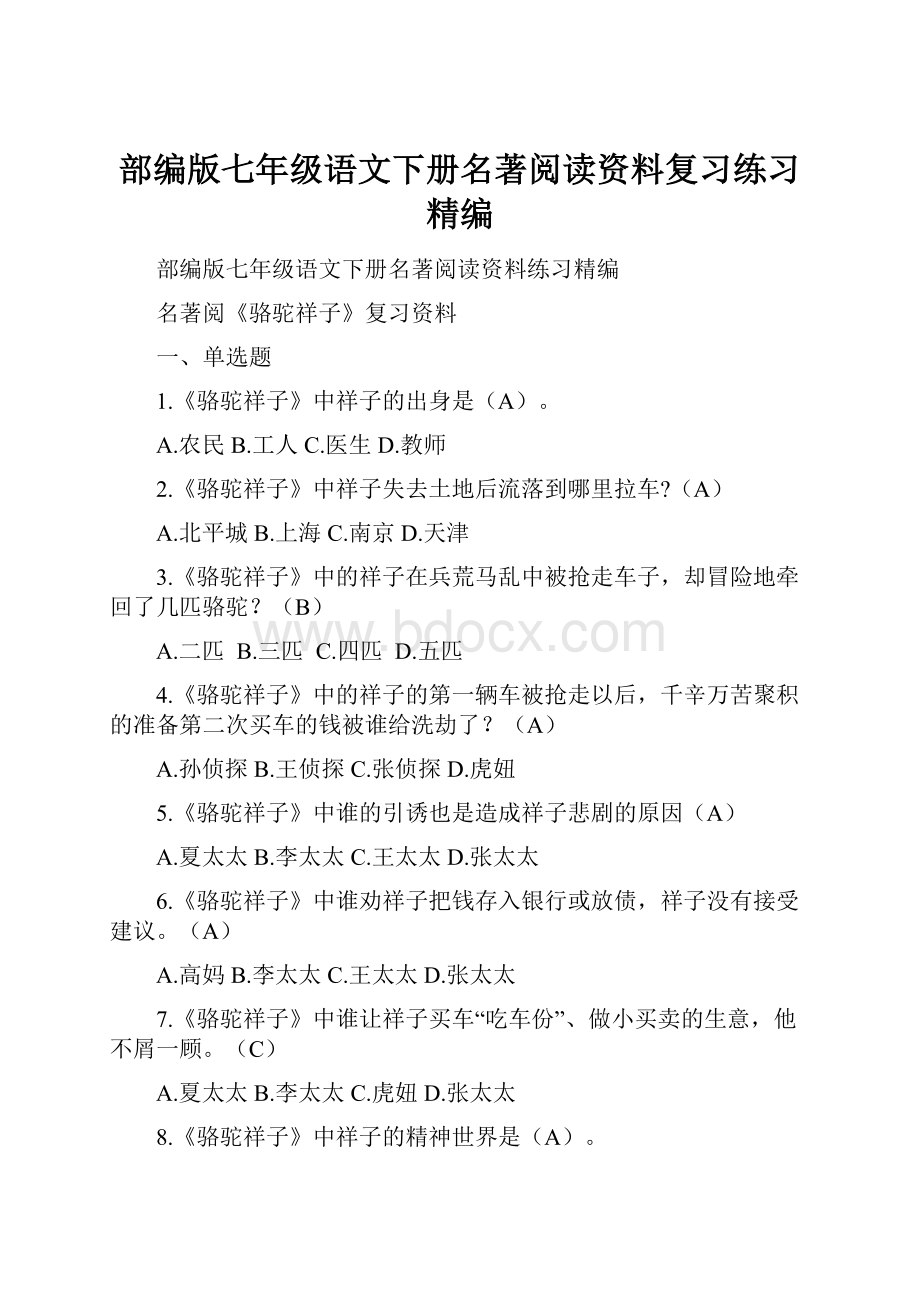 部编版七年级语文下册名著阅读资料复习练习精编.docx