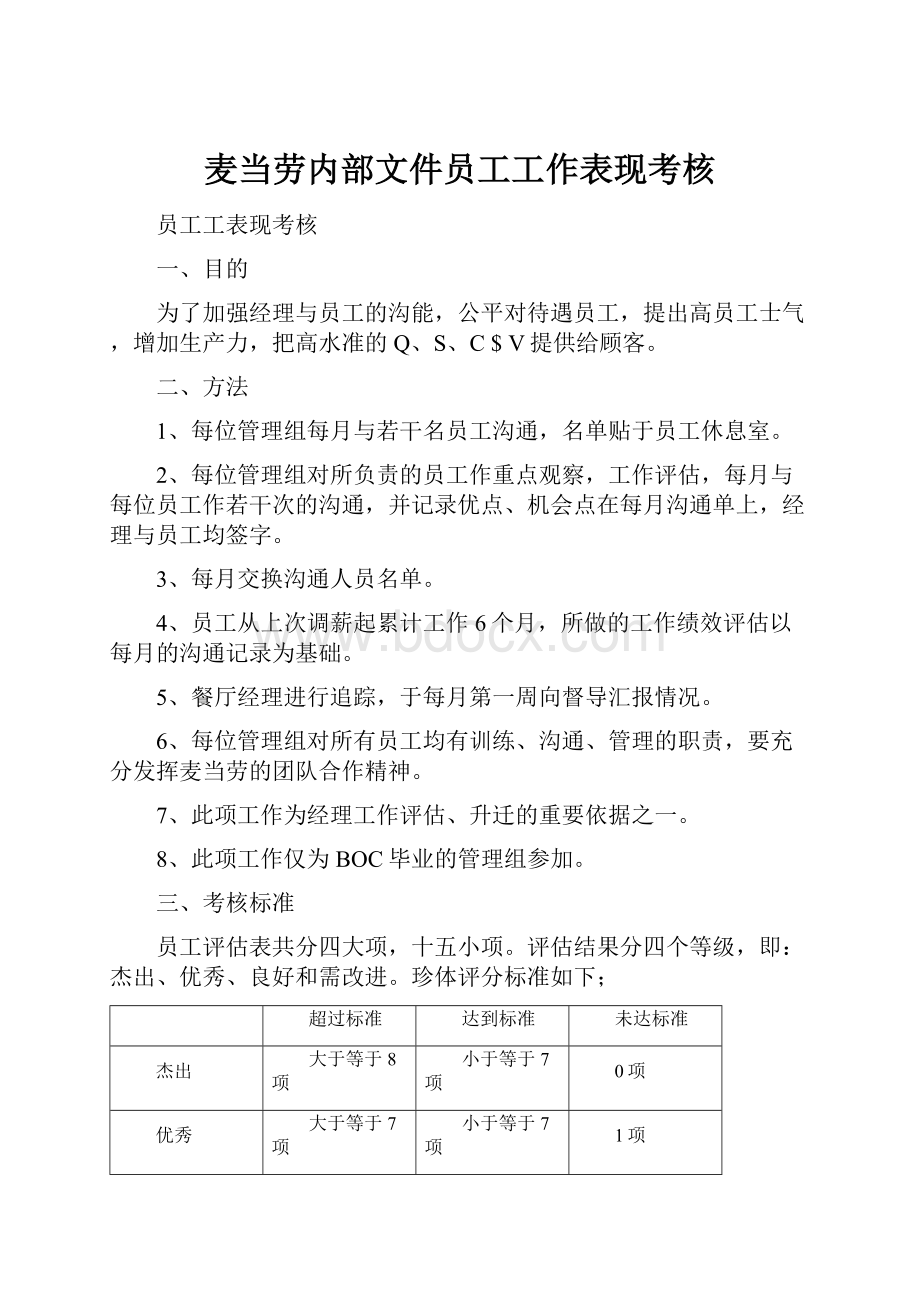 麦当劳内部文件员工工作表现考核.docx