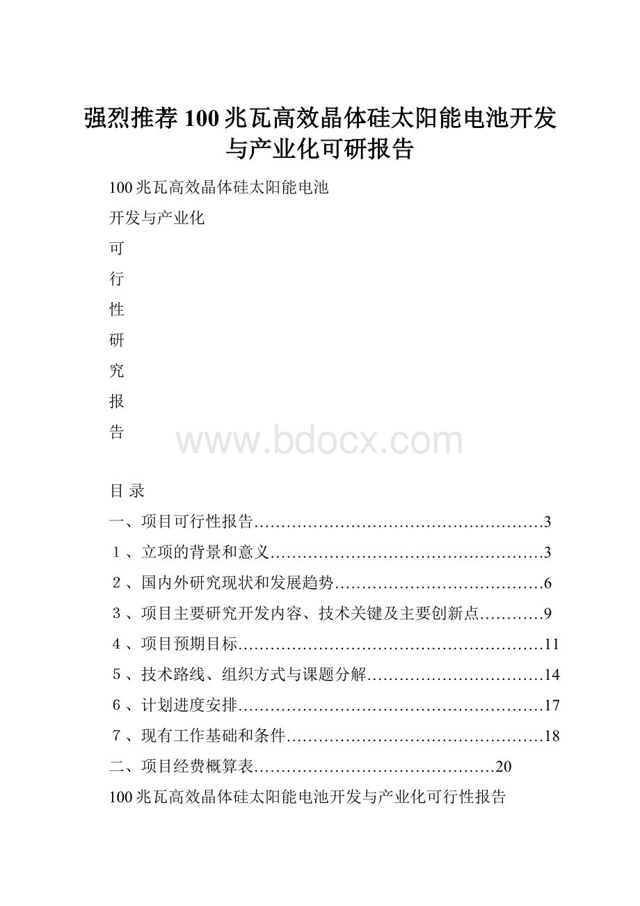 强烈推荐100兆瓦高效晶体硅太阳能电池开发与产业化可研报告.docx_第1页