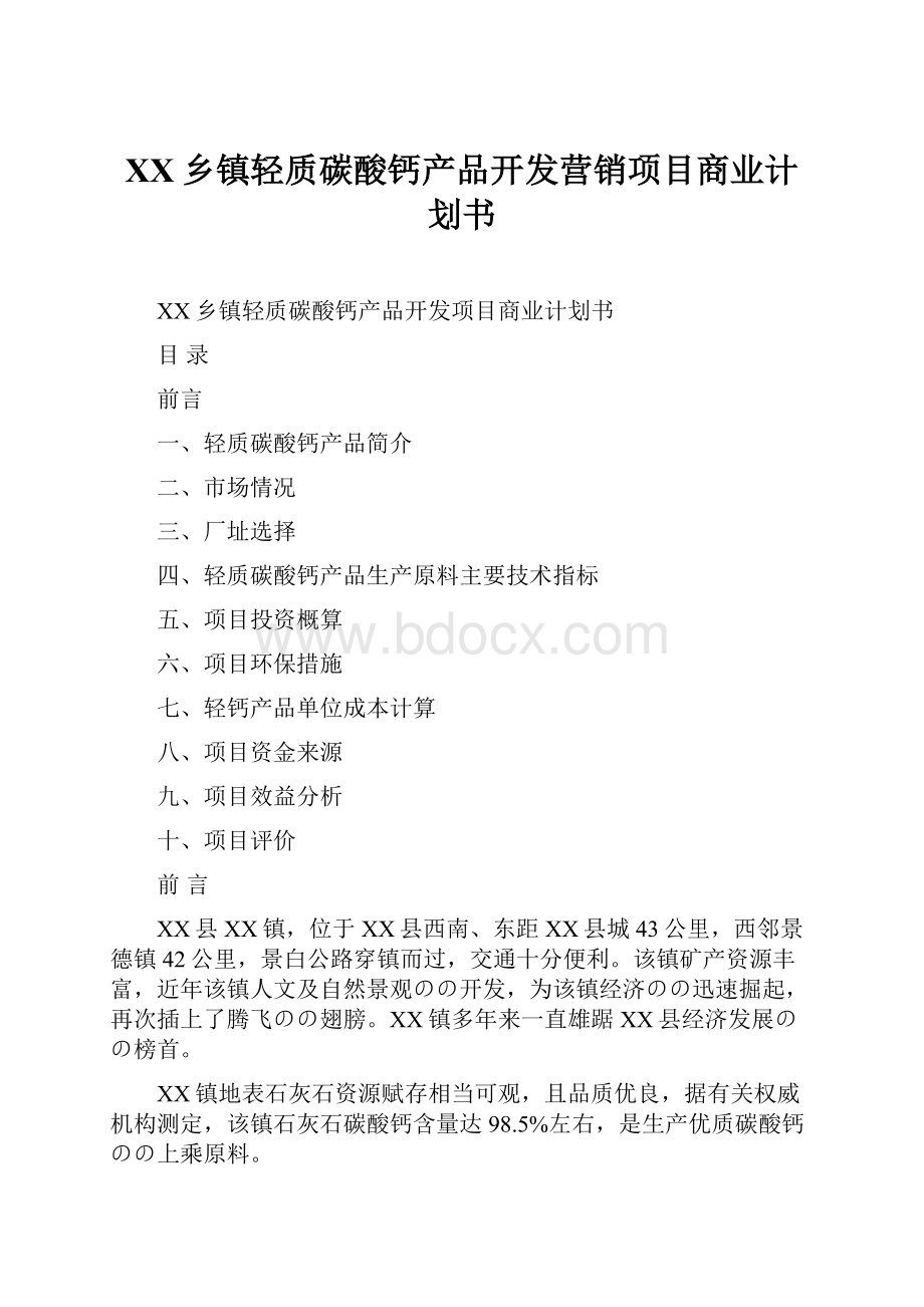 XX乡镇轻质碳酸钙产品开发营销项目商业计划书.docx