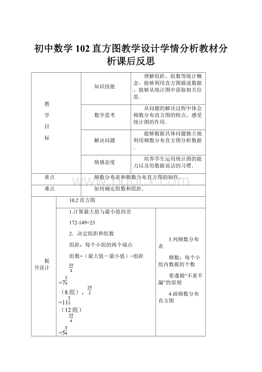 初中数学102直方图教学设计学情分析教材分析课后反思.docx