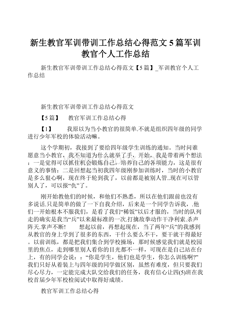 新生教官军训带训工作总结心得范文5篇军训教官个人工作总结.docx