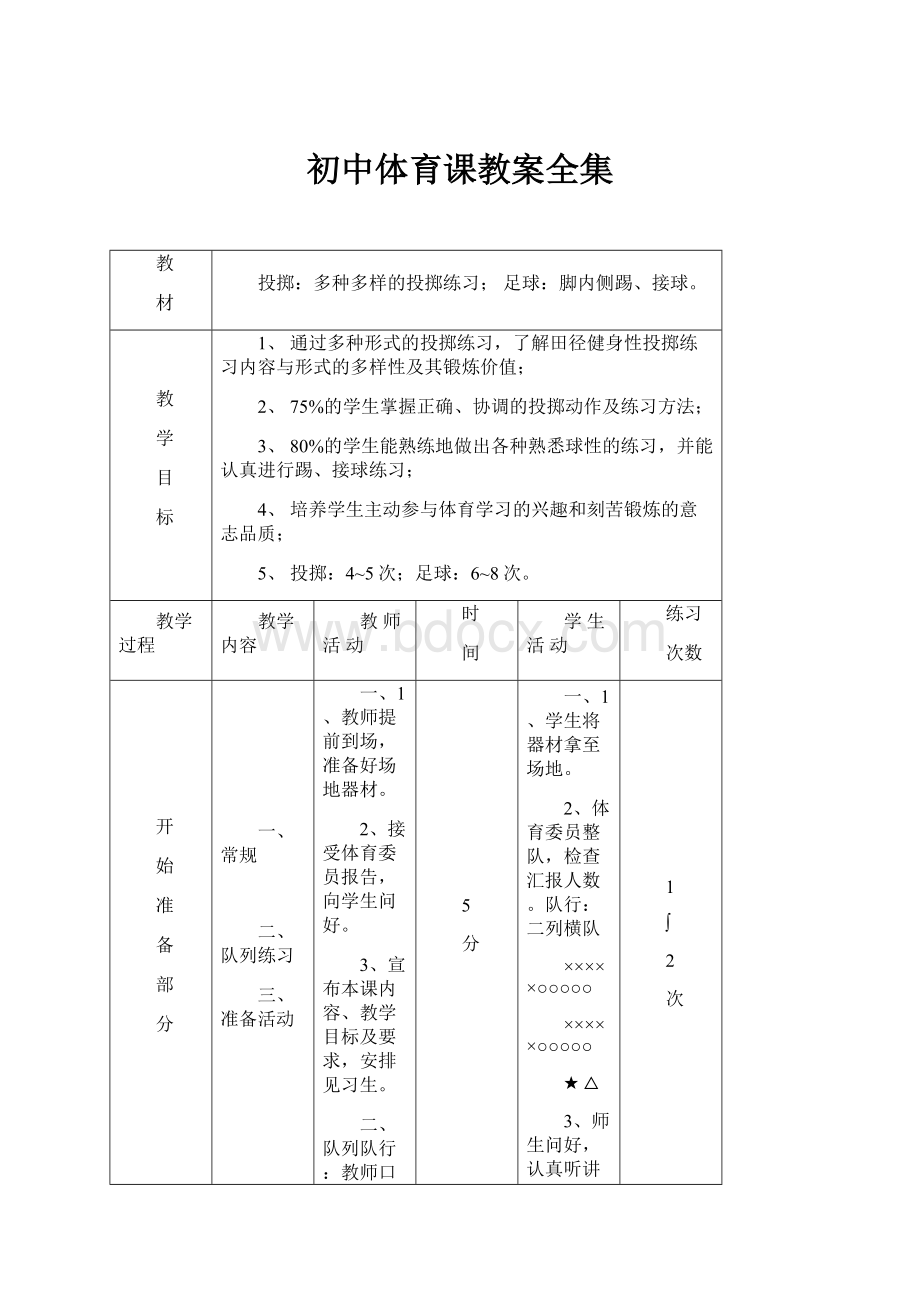 初中体育课教案全集.docx