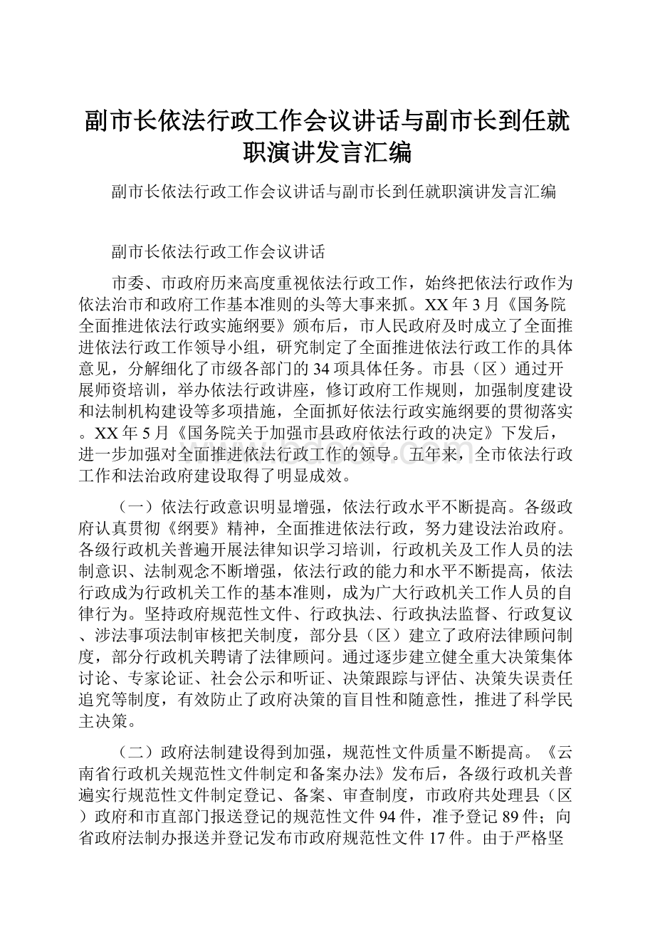 副市长依法行政工作会议讲话与副市长到任就职演讲发言汇编.docx