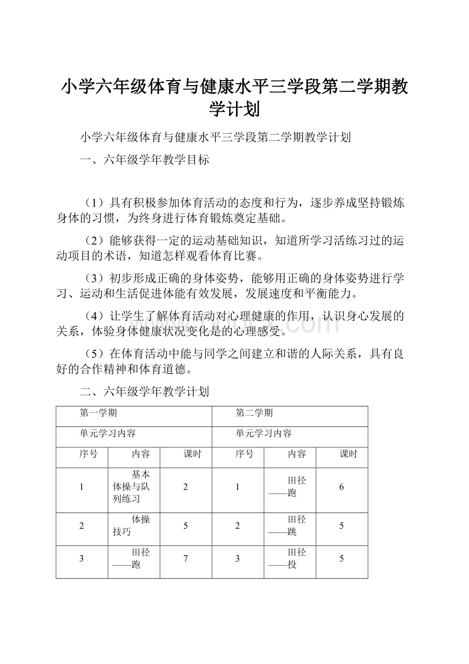 小学六年级体育与健康水平三学段第二学期教学计划.docx_第1页