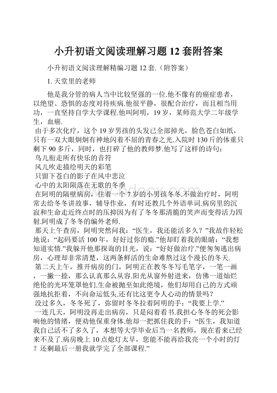 小升初语文阅读理解习题12套附答案.docx_第1页